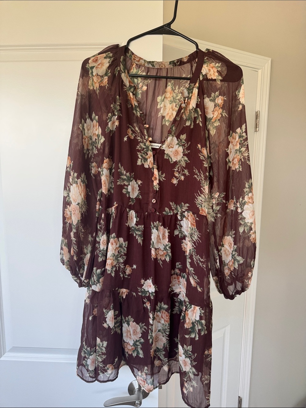 Abercrombie Small TALL Floral Burgundy Long-Sleeve Mini Dress